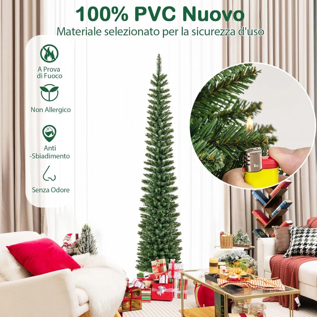 Albero di Natale Slim da 150/180/210 CM, Albero di Natale Artificiale con 150/180/200 Luci LED Bianche Calde, 296/390/499 Punte di Ramo e Supporto Pieghevole in Metallo (210 cm)