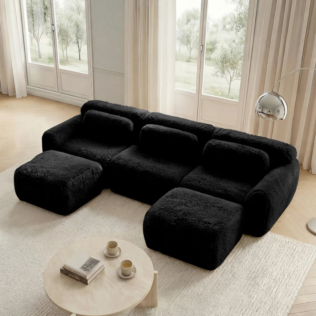 Divano Modulare a U con Design Ergonomico e Pouf Modulare, Base Antiscivolo, in Peluche Nero