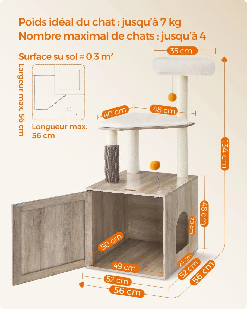 Tiragraffi con lettiera moderna torre gioco 2 in 1 cuccia per gatti da 134 cm con lettiera tiragraffi trespolo tappetino lavabile grigio 12_0003812