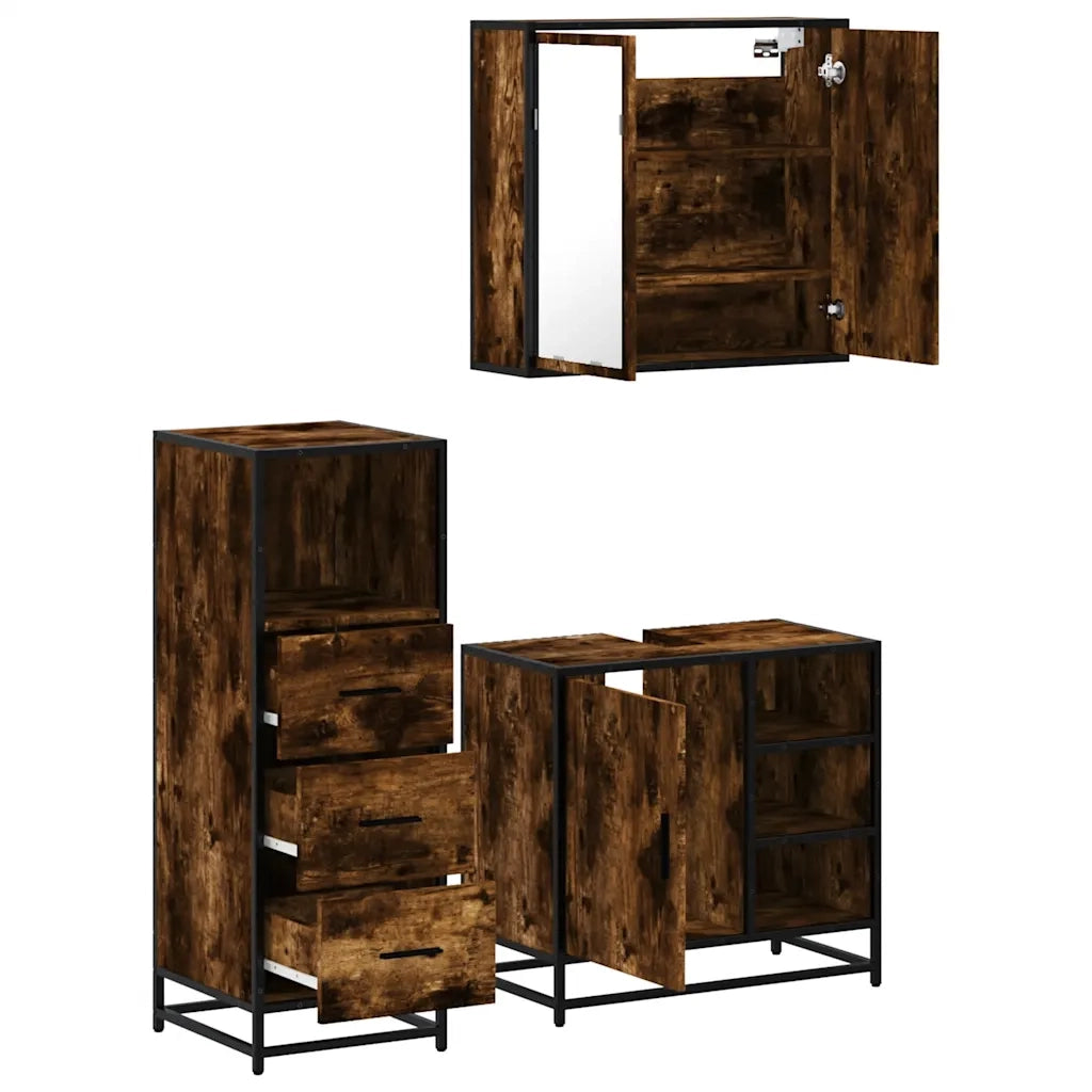 Set Mobili da Bagno 3 pz Rovere Fumo in Legno Multistrato