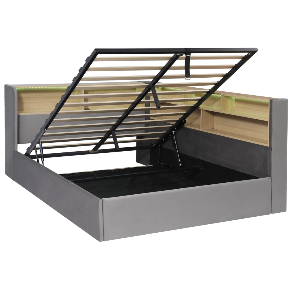 Letto imbottito 140x200 cm con contenitore idraulico, LED e porte USB
