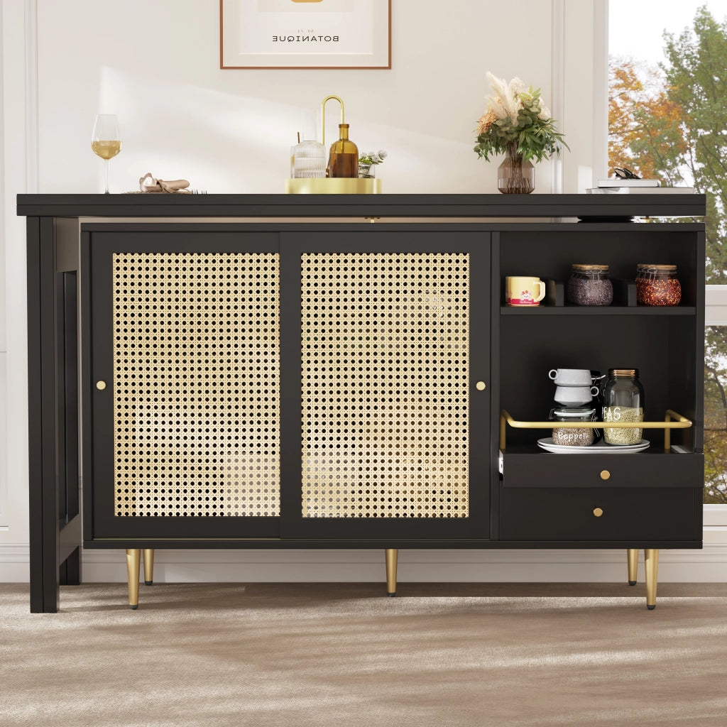 Mobile Bar con Anta in Rattan; Cassetto; Ripiani Aperti; Piano Girevole a 360° ed Estensibile per Cucina