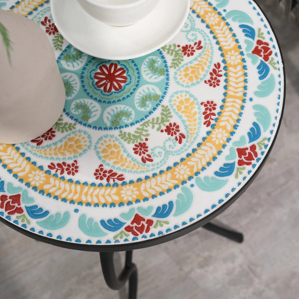 Tavolino da giardino rotondo con mosaico e gambe in metallo ¨C Zephmum ¨C 35,5x35,5x53,5 cm Turchese