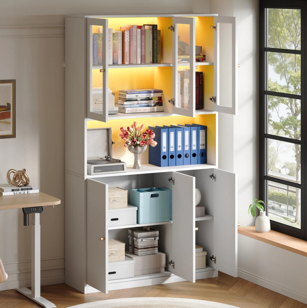 Libreria alta con vetrina in vetro e LED 100x35x200 cm; bianco; in MDF