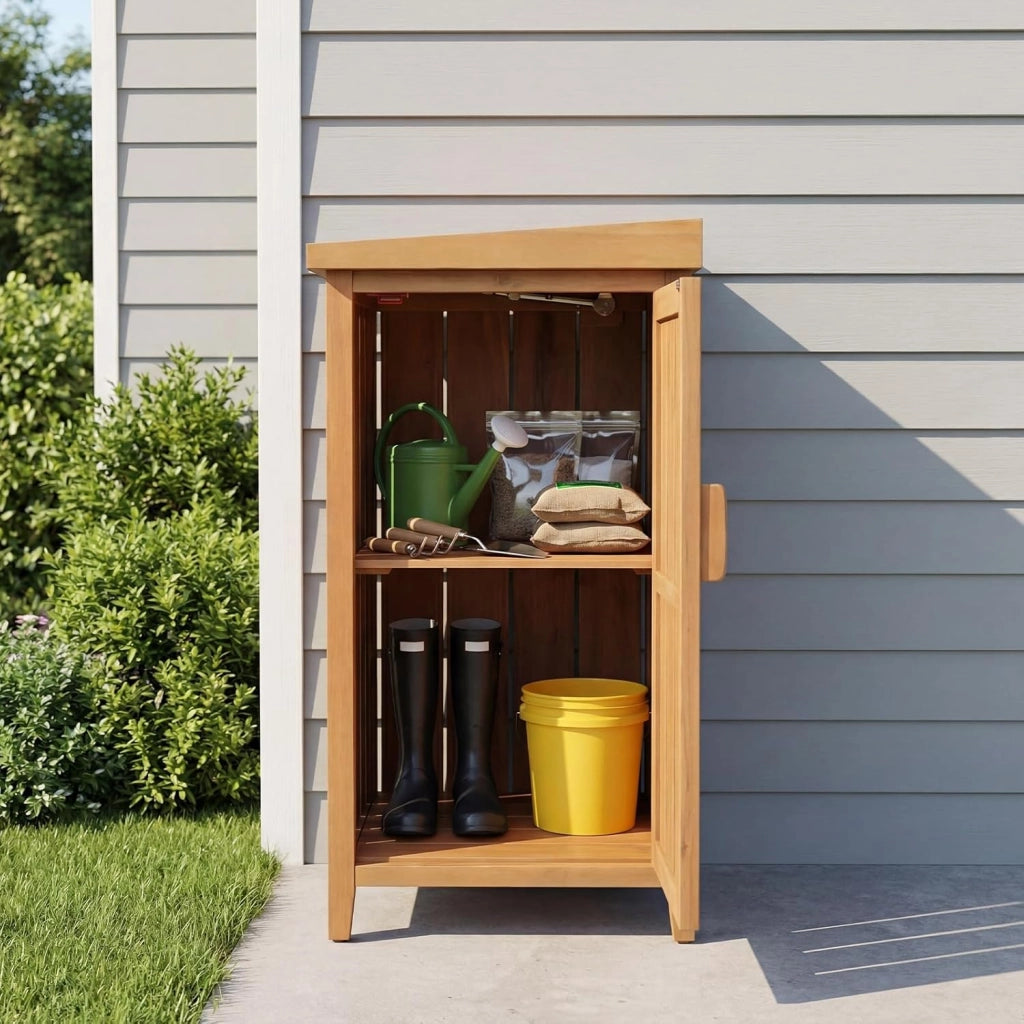 Armadio da Esterno in Legno Massello con Ripiano Rimovibile, Casetta Porta Attrezzi con Porta e Coperchio Apribile, Contenitore per Bidoni Spazzatura per Giardino, Cortile e Patio