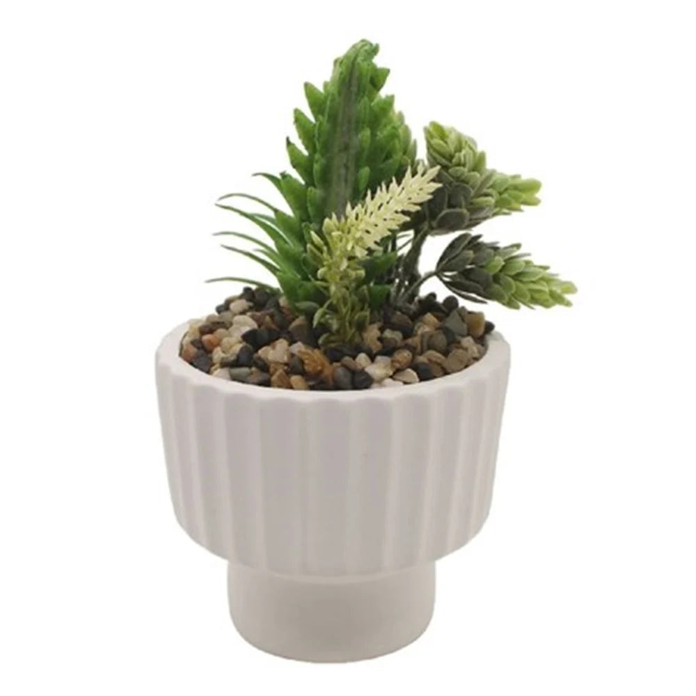 Trade Shop - Vasetto Ceramica Bianco Striato Con Piantina Artificiale Assortita 18cm Decoro Casa 164322 -