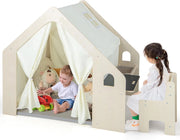 6 in 1 Tenda per Bambini in Legno, Tenda Casetta da Gioco con Tavolo e Sedia, con Tappetino Lavagna e 6 Scatole Portaghiochi, Capanna per Bambini (Grigio 98 x 131 x 113 cm)