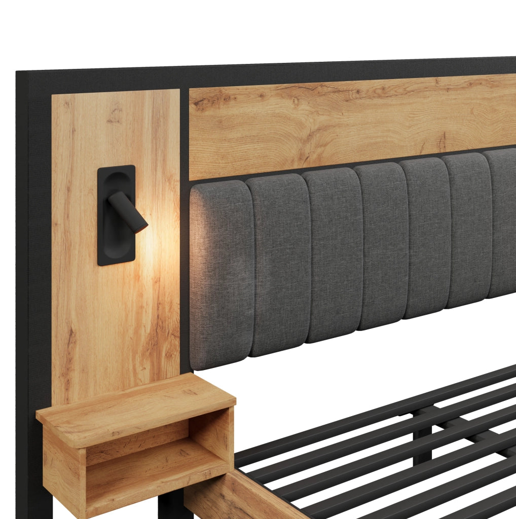 Letto matrimoniale 180x200 cm con luci da lettura; USB Type-C e panca contenitore; rovere
