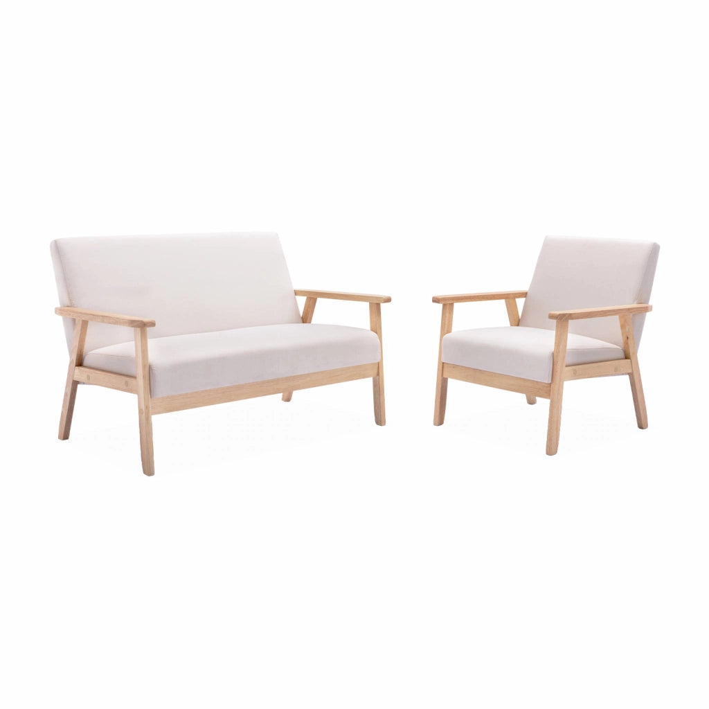 Divano stile scandinavo in legno e tessuto, 2 posti, beige