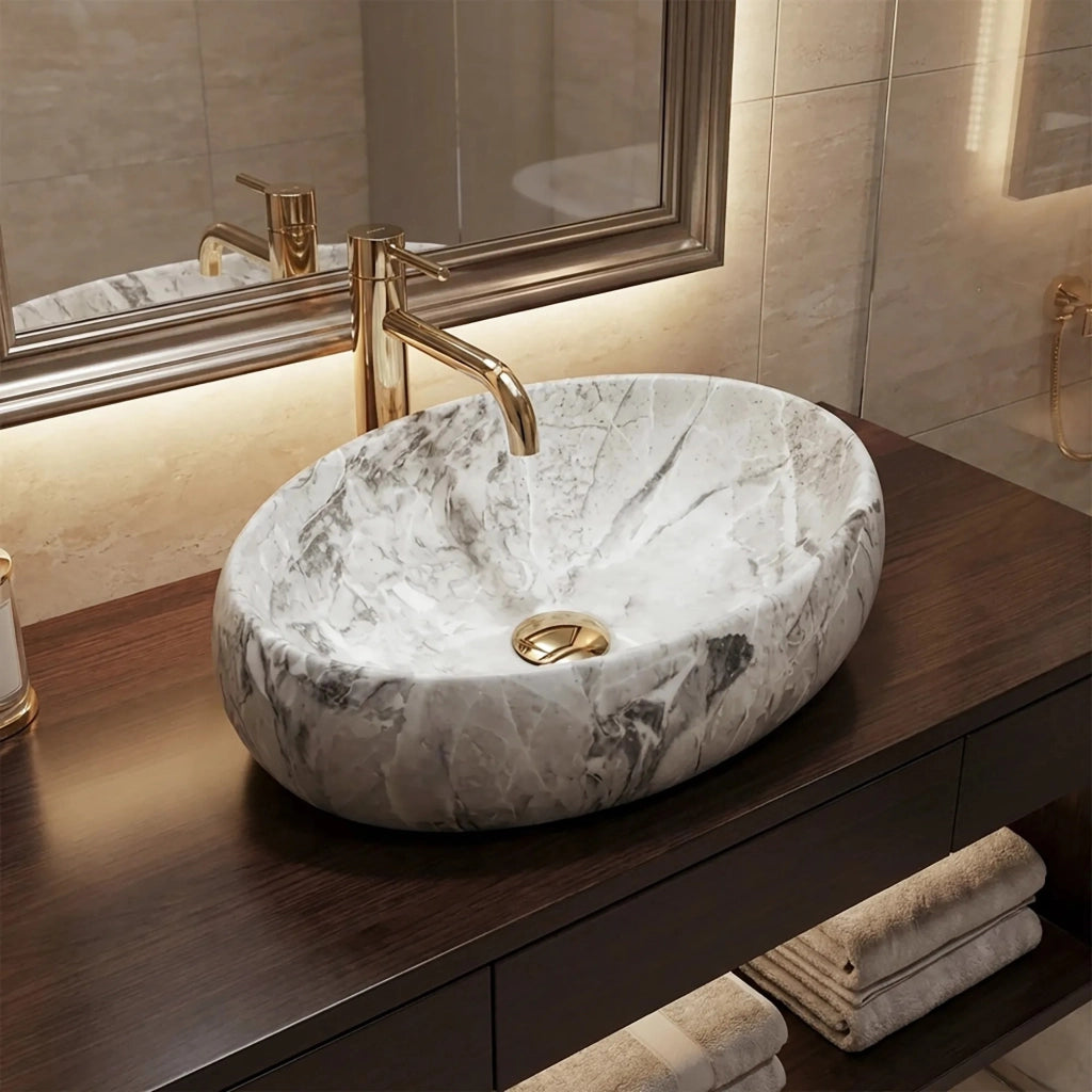 Set Lavabo Da Appoggio Linda Stone + Rubinetto Da Bagno Lungo Gold + Tappo Gold