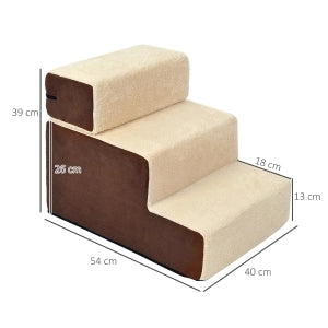 Scala per animali domestici in schiuma beige a 3 gradini con rivestimento in peluche 54x40x39 cm