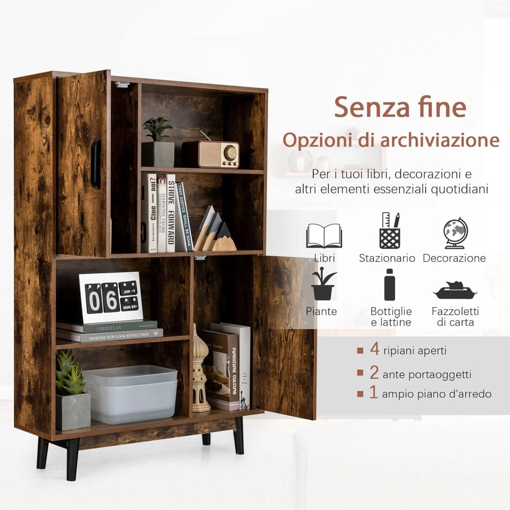 Libreria di Legno a 4 Livelli, Libreria con 2 Ante, 4 Mensole Aperte, Gambe in Legno di Gomma, Cuscinetti Antigraffio e Dispositivo Antiribaltamento, 80 x 24 x 119,5 cm (Caffè)