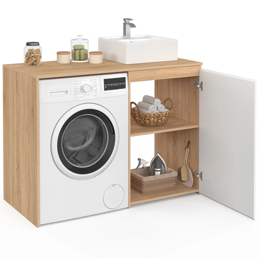IDMarket - Mobile per lavatrice o asciugatrice con armadio TOMI, mobile per lavabo in legno effetto faggio e bianco