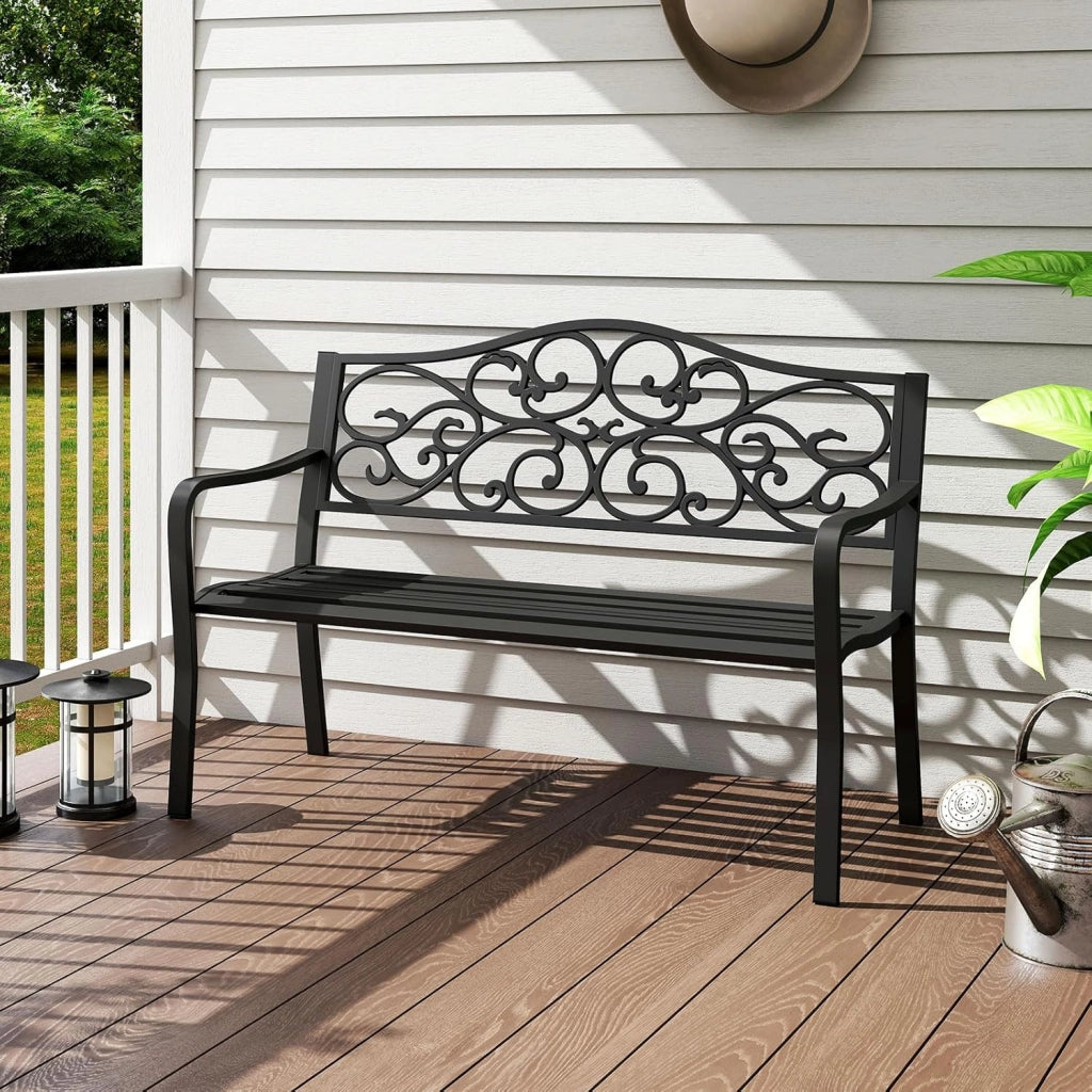 Panca da giardino a 2 posti, panca da parco in metallo, sedia da parco con schienale reclinabile, carico di 300 kg, per balcone, terrazza, nero, 128 x 62 x 89 cm, motivo: ali di vite