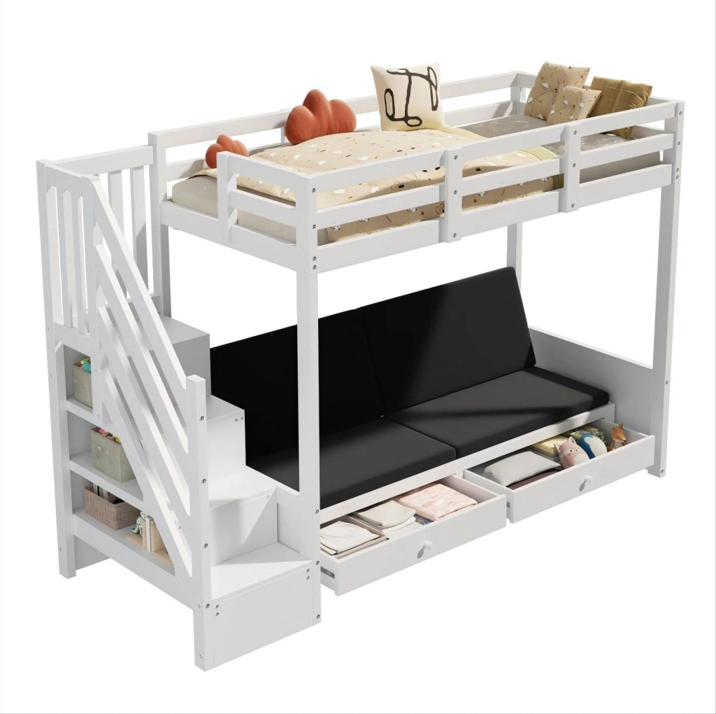 Letto a soppalco per bambini con divano regolabile; scaletta contenitore e 2 cassetti; 90x200 cm; bianco