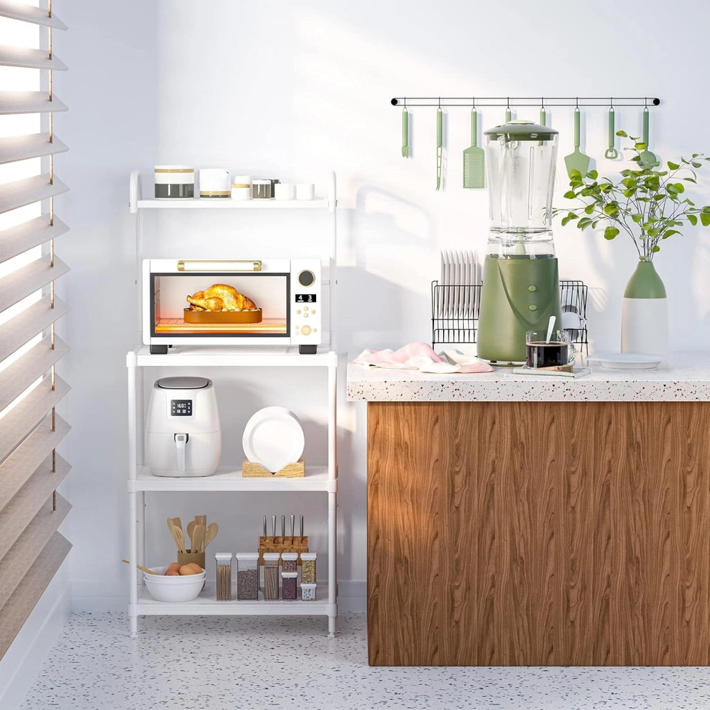 Mensola da Cucina a 4 Livelli in Metallo, con 4 Piedini Antiscivolo, 60 x 34,5 x 136 cm, Supporto per Forno a Microonde, Scaffale Multifunzionale per Cucina e Sala da Pranzo (Bianco)