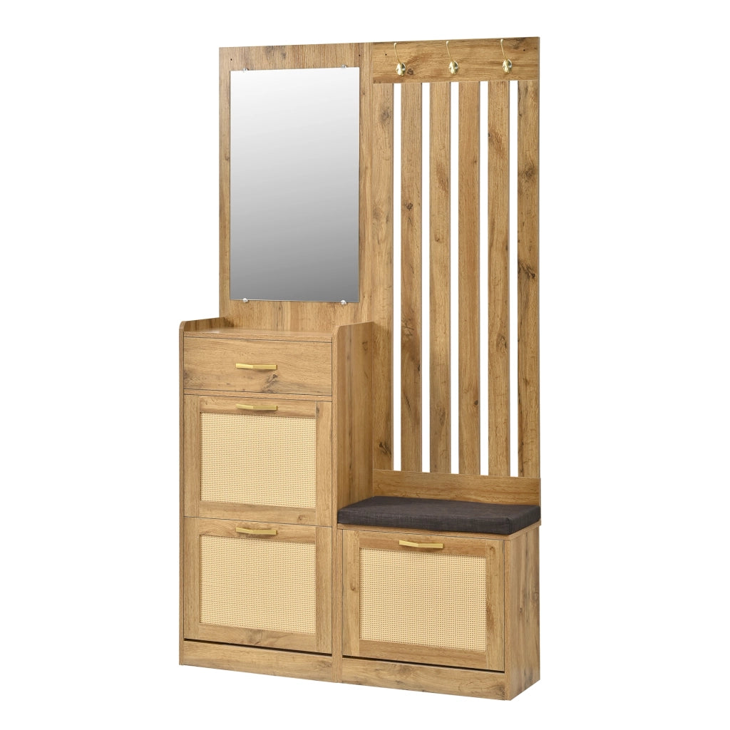 Mobile da ingresso con specchio, panca imbottita, ganci e vani ribaltabili, in MDF naturale, 99,5 × 26 × 180 cm