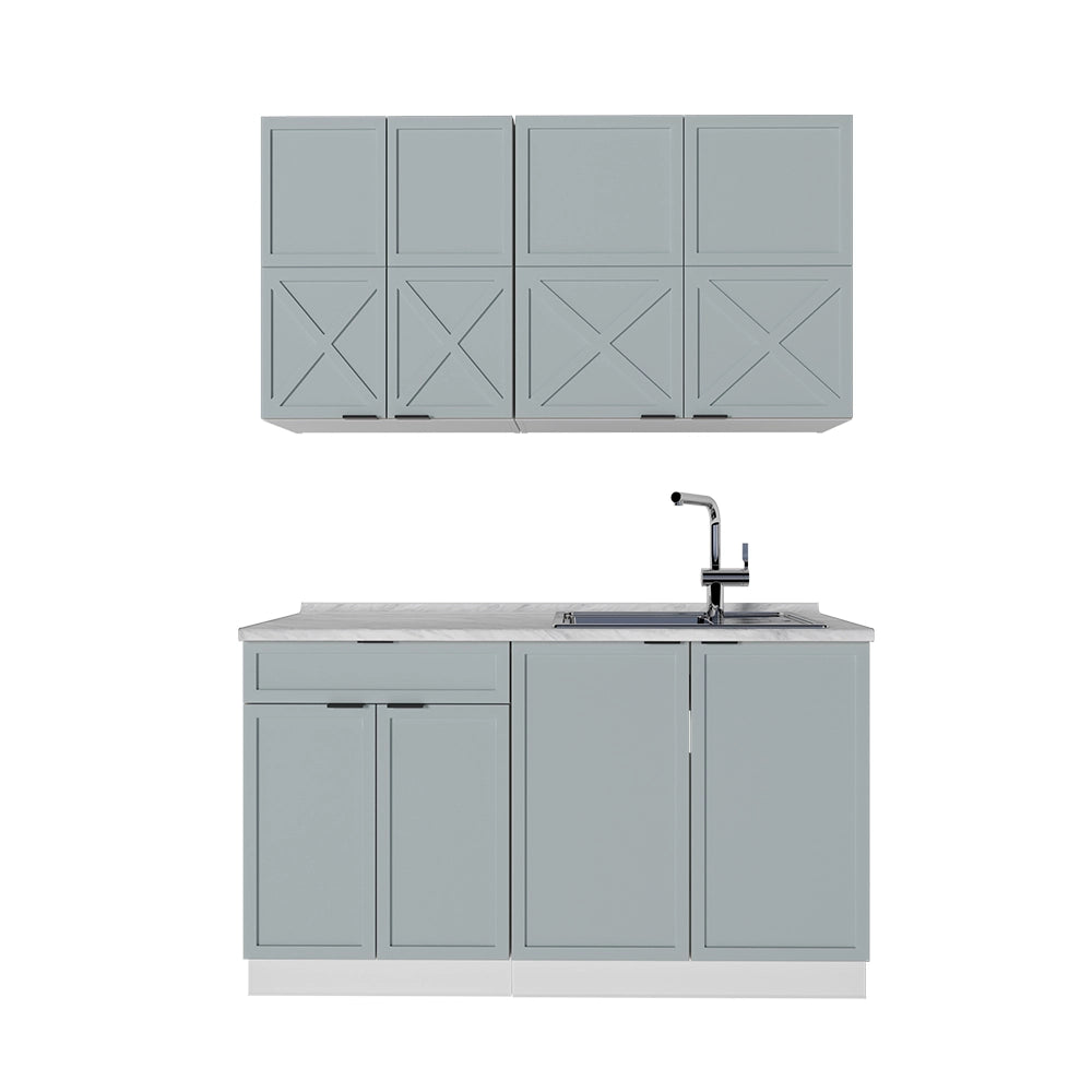 Cucina completa Fame-Line Blu-grigio chiaro/Bianco 140 cm, PL Marmo Vicco
