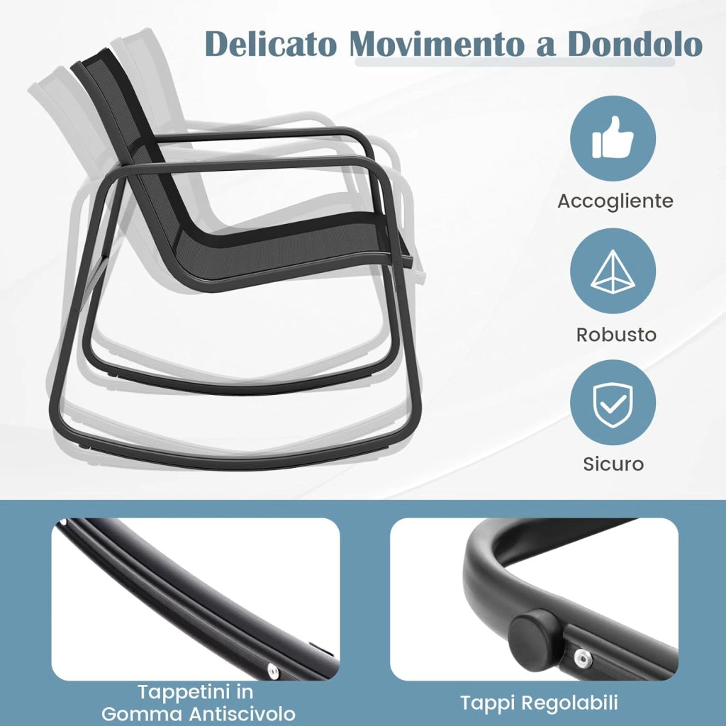 Set da Giardino 4 Pezzi in Tessuto Textilene, Set da Bistrò da Patio, Set tavolo e sedie con Tavolino in Vetro, 2 Sedie e Divanetto a Dondolo, per Giardino Coltile (Nero)