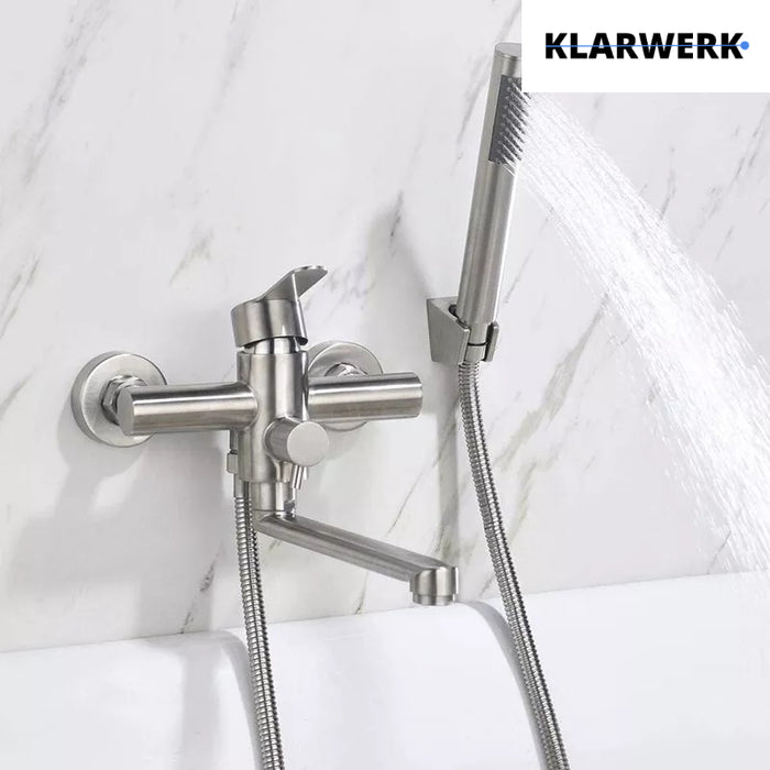 MAX| Miscelatore Catering a parete Argento | Rubinetto cucina professionale in acciaio inox con doccetta | Beccuccio piatto da parete per ristorante