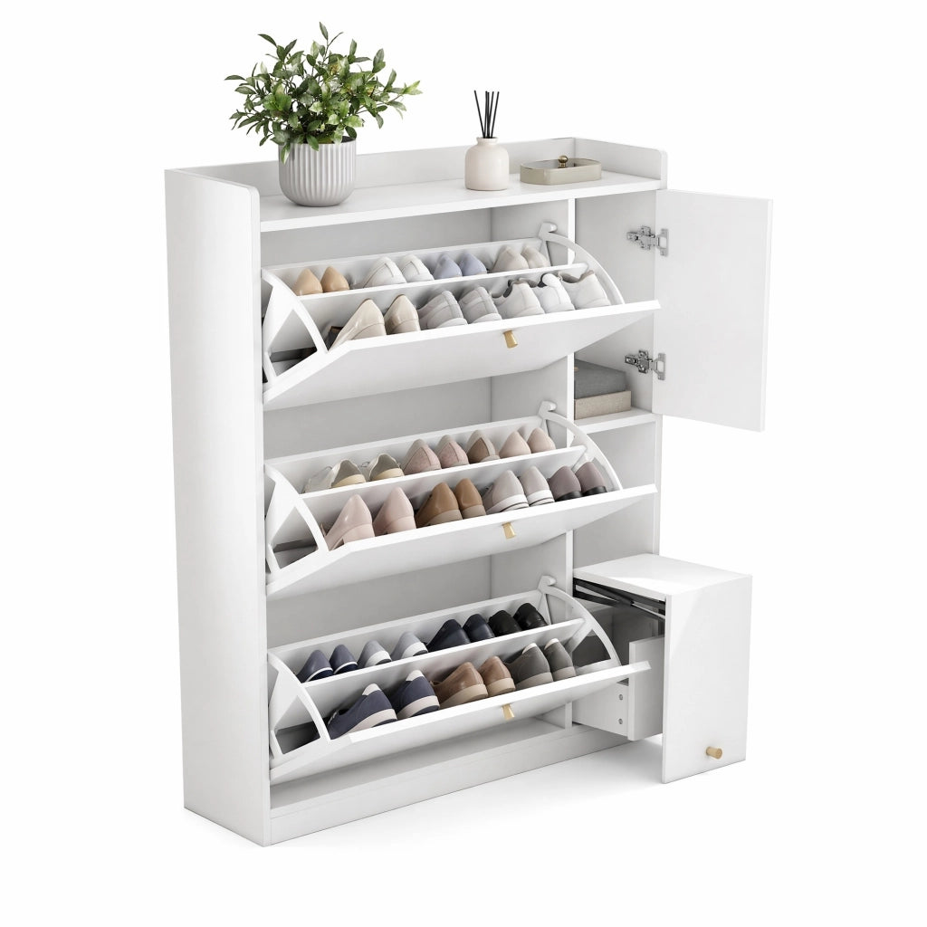 Scarpiera inclinabile con 3 ante ribaltabili, ripiano regolabile e seduta richiudibile, bianco, 119 x 24 x 122 cm