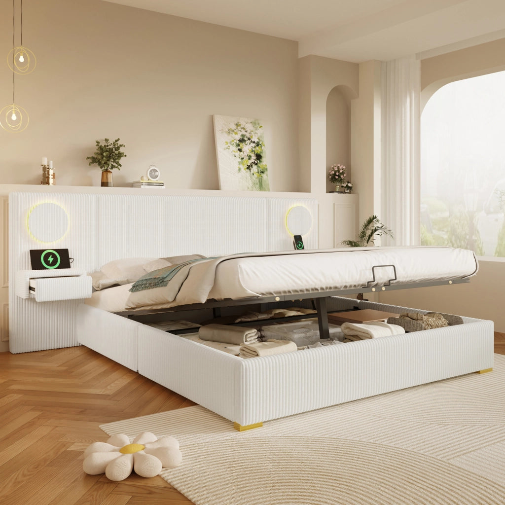 Letto imbottito beige 180 x 200 cm con LED, USB e vano contenitore