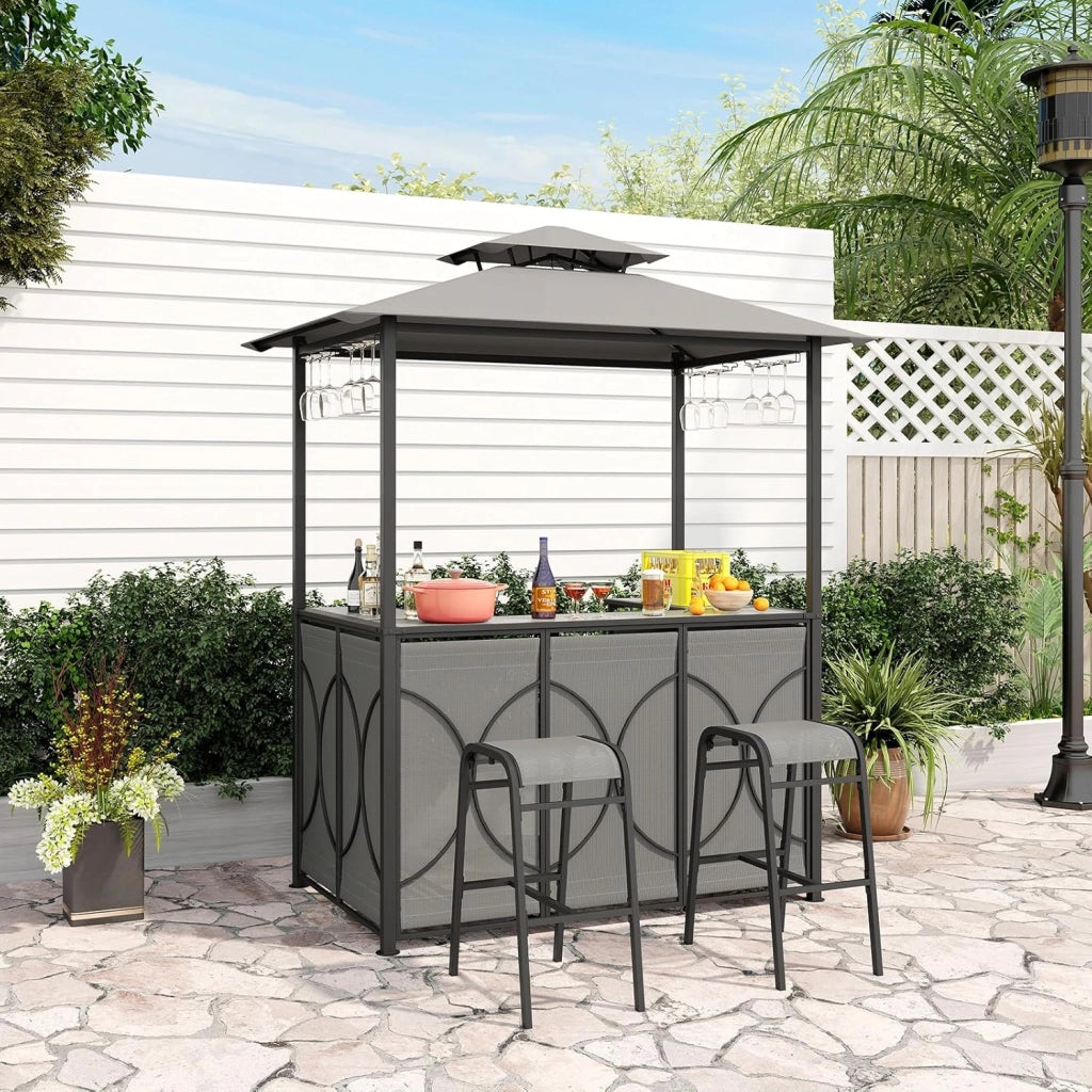 Set Bar da Patio a 3 Pezzi, Gazebo per Griglia e 2 Sgabelli da Bar con Tavolo in Vetro Temperato, Ripiani in Metallo, Portabicchieri, per Giardino Cortile e Spiaggia (Grigio)