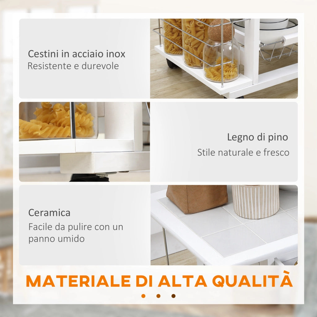 Carrello da Cucina ¨C Xylo ¨C 4 Cesti Metallo Legno Ceramica 57x37x83cm Bianco
