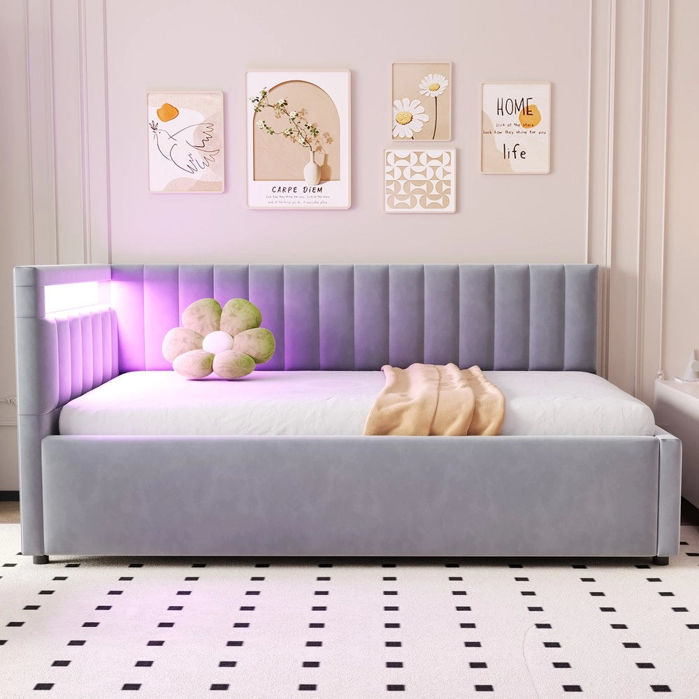 Letto Imbottito Contenitore con LED ¨C MINIMAL ¨C Velluto Grigio Chiaro, Testiera, Doghe, Idraulico, 90x200