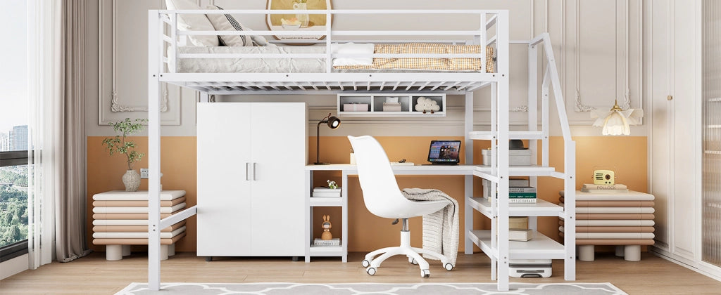 DESMIU Letto a Soppalco 2 Posti con Armadio, Scrivania e Scaffali 140 × 200 cm, Senza Materasso, Bianco