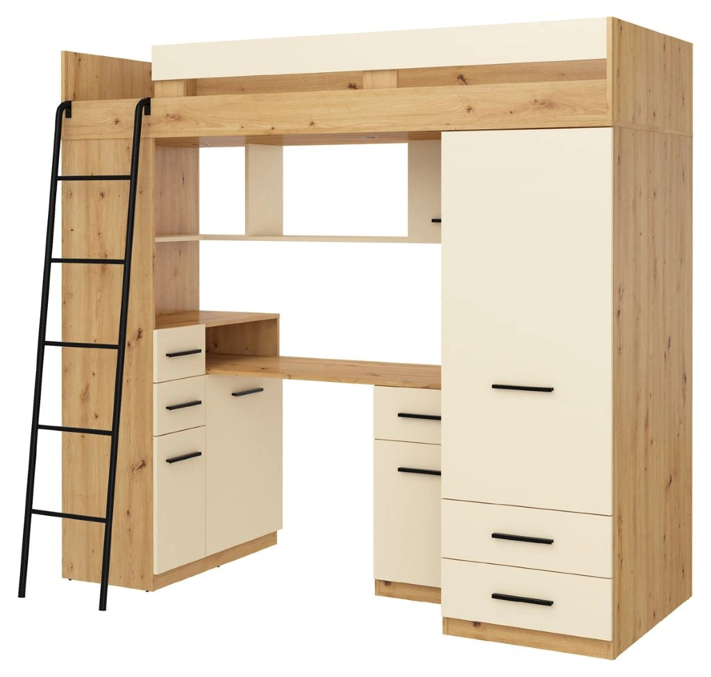 BIM Furniture letto soppalco con scrivania SMYK L cm110x204x188h Rovere scuro Crema