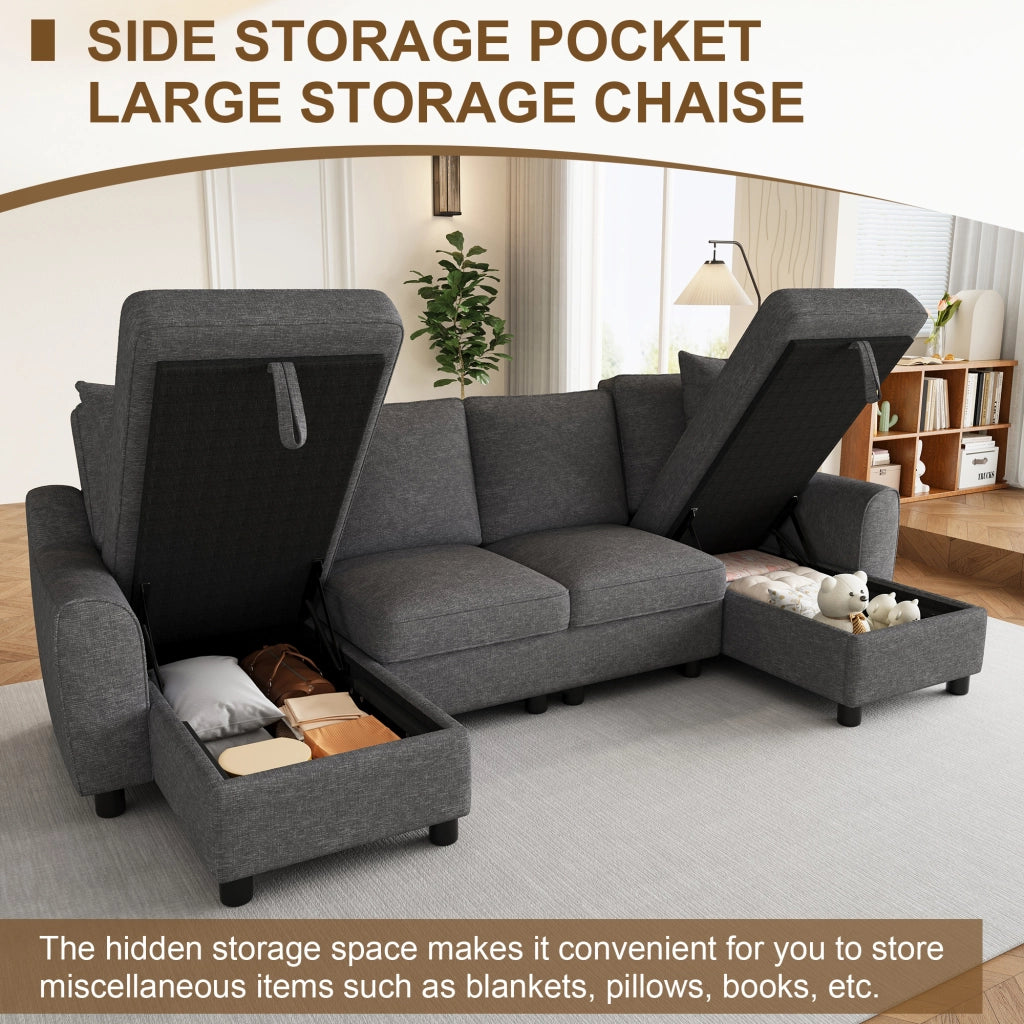 Divano panoramico a U modulare con contenitore nelle chaise longue e cuscini, in ciniglia grigio 280 × 137 × 84 cm