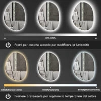 Specchio da Bagno Illuminato a LED con Colore e Temperatura Regolabile, in Vetro Temperato, 70x5x50 cm, Argento