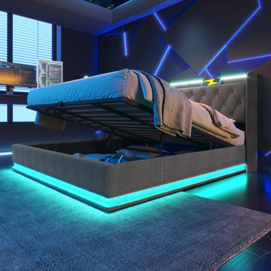 Letto imbottito grigio 180x200 LED telecomandato vano idraulico USB Type-C