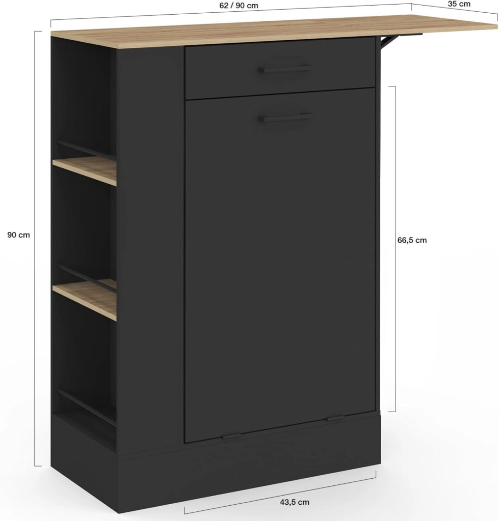 Credenza da cucina compatta TIBO 90 cm con cestino, ripiano ribaltabile, 1 cassetto e 3 ripiani laterali in legno e nero