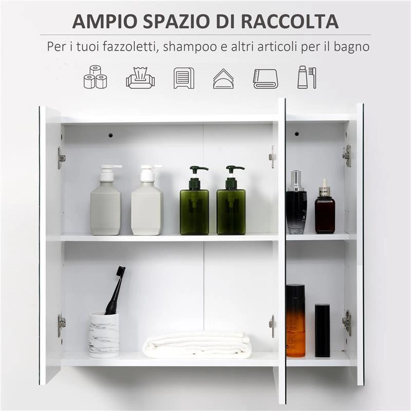 ARMADIETTO BAGNO CON 3 ANTE SPECCHIATE E RIPIANI REGOLABILI, 70X15X60CM, BIANCO