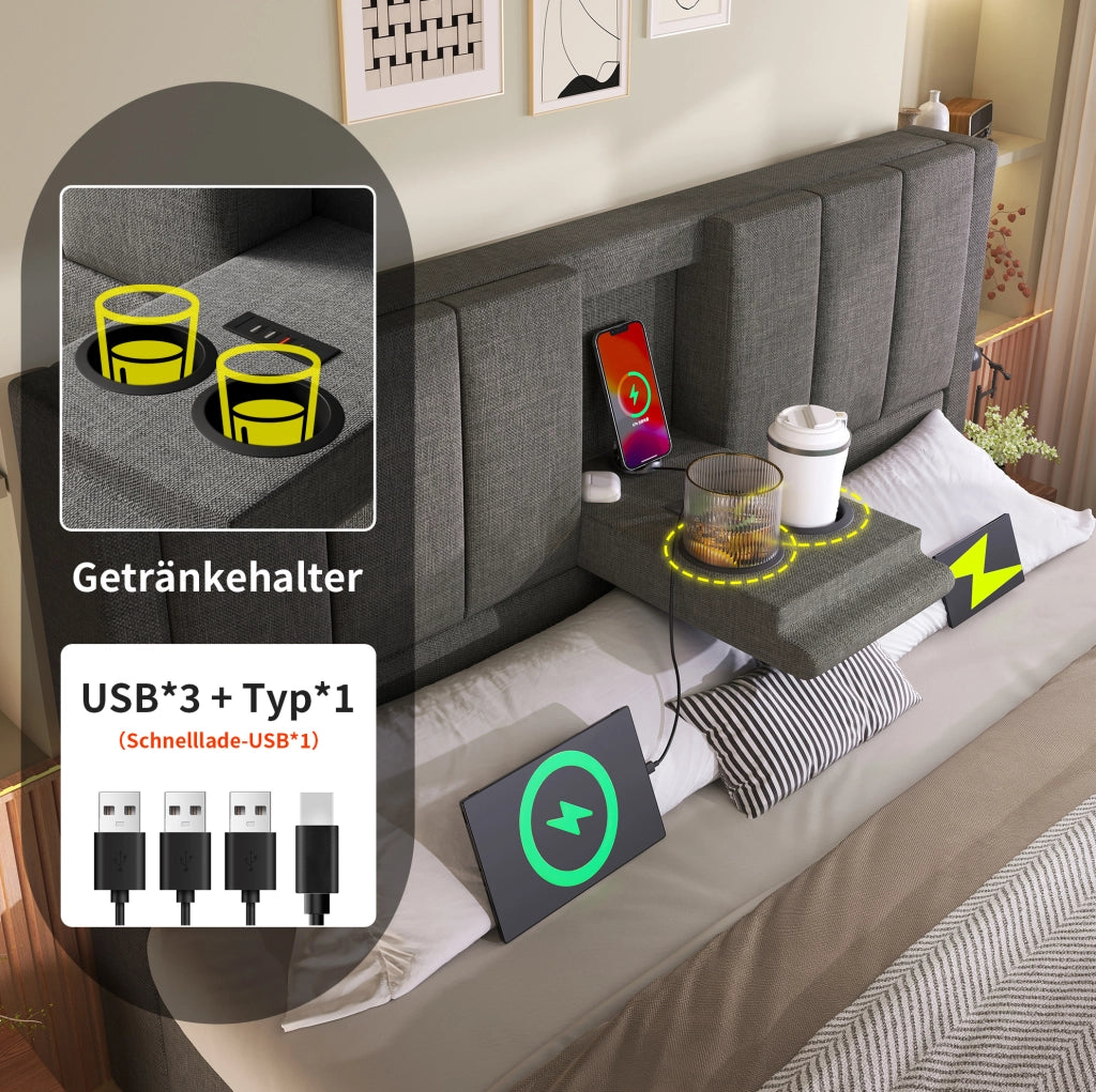 Letto imbottito 160x200 cm grigio con materasso e ricarica USB