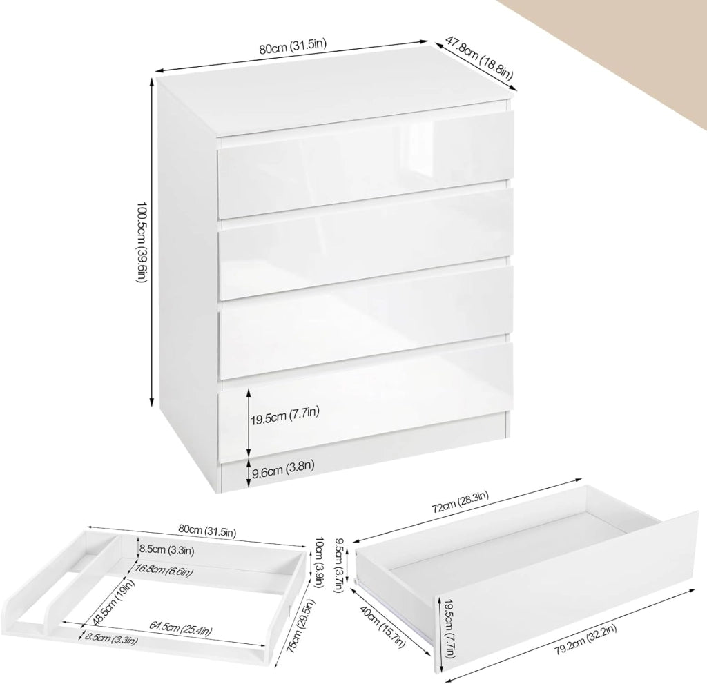 Mobile Fasciatoio per Bambini, Cassettiera con 4 Cassetti, Cassettone con Ripiano Fasciatoio Rimovibile, in Legno MDF e Truciolare, Bianco+Evidenzia Bianco