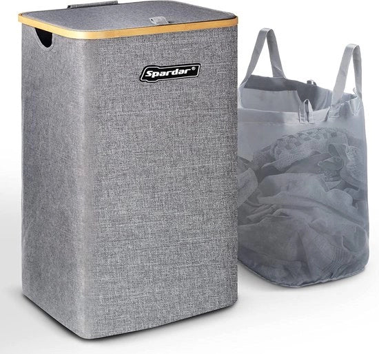 Asciugatrice pieghevole 100 litri - XXL contenitore per la lavanderia con coperchio e sacchetto per la lavanderia - Grande box per la lavanderia grigia con maniglia doppia