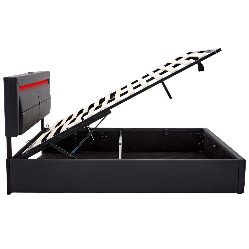 Letto Contenitore 140x190 cm; USB; LED a 12 Colori; con Spazio di Contenimento; in PU; Nero