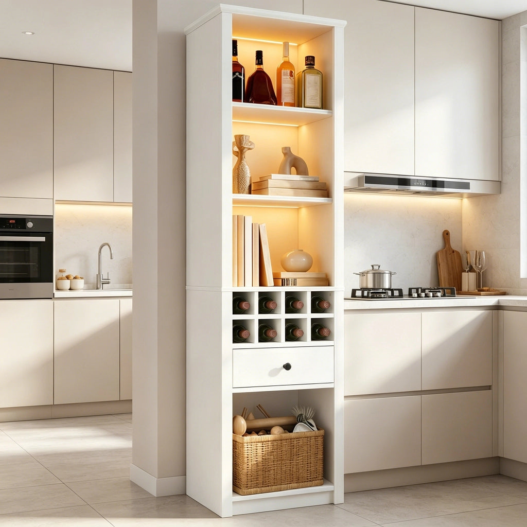 Vetrina con 1 cassetto e 12 vani con LED; per soggiorno; cucina e studio; in MDF bianco; 55×40×200 cm