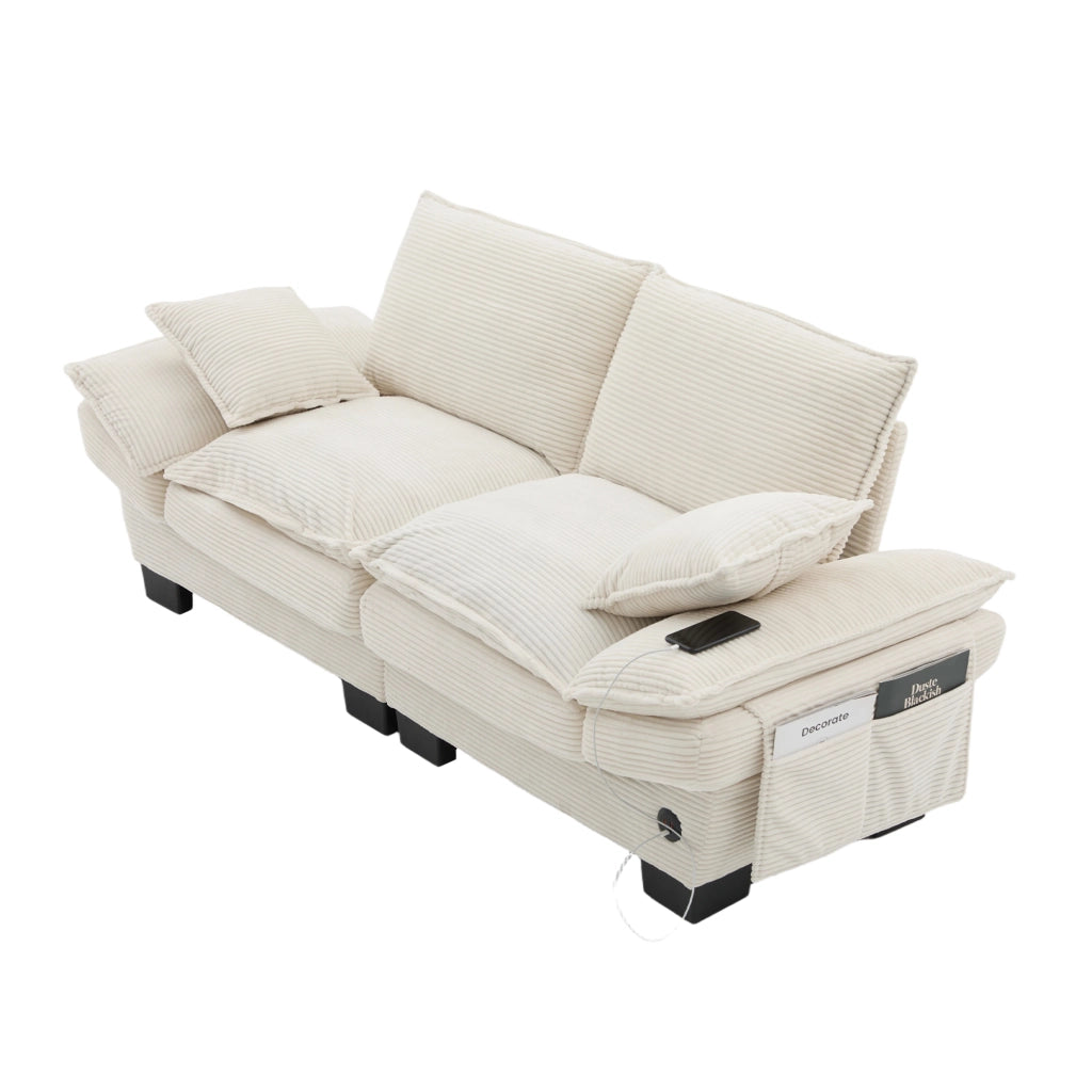Sofa a due posti con seduta ampia, design ergonomico, USB-C e tasche laterali in corduroy beige 190 × 73 × 84 cm