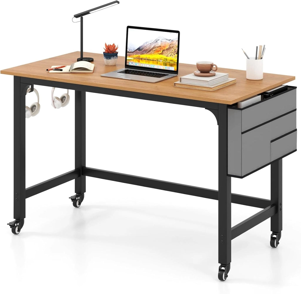 Scrivania per Ufficio e Casa, Scriviania con Ampio Piano e 4 Ruote Bloccabili, Scriviania per Computer di Metallo e Legno, 120 x 60 x 75 cm (Naturale)