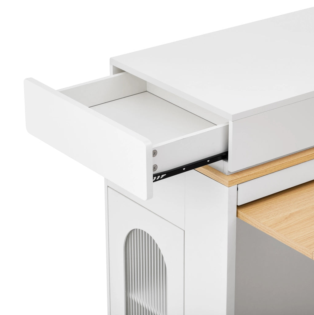Isola cucina 83x46x96 cm estendibile con piano pieghevole in MDF e vetro bianco