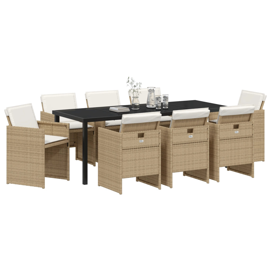 Set da Pranzo da Giardino 9 Pezzi con Cuscini Beige Rattan Poliestere
