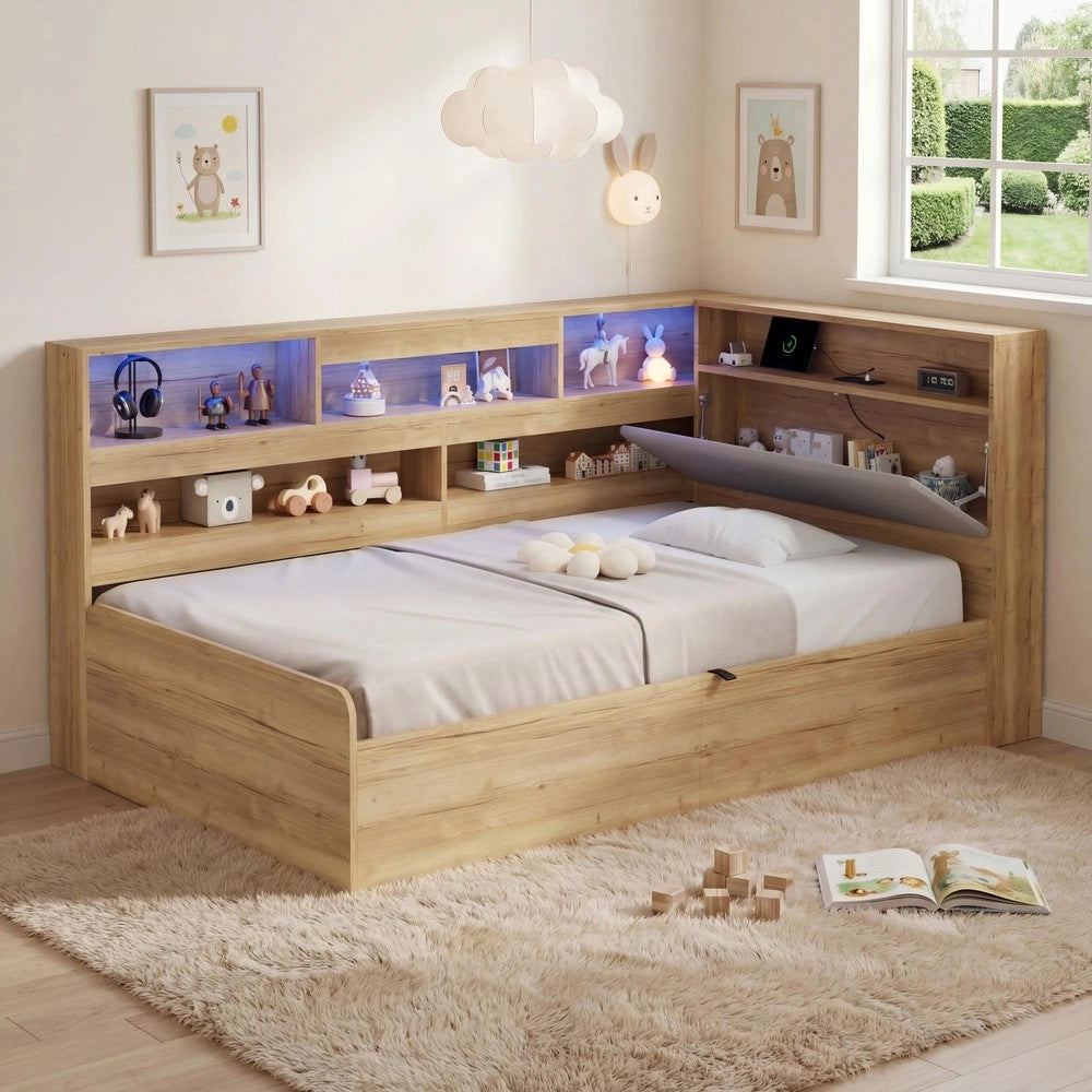 Letto idraulico a scomparsa per bambini - Zephmum- 90x200cm- Natur- USB e LED