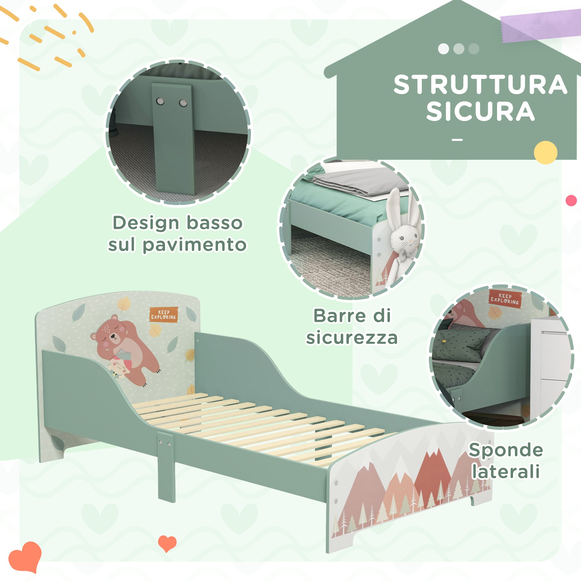 Struttura Letto Singolo per Bambini 77x143x60 cm con Bordi Rialzati e Doghe Verde