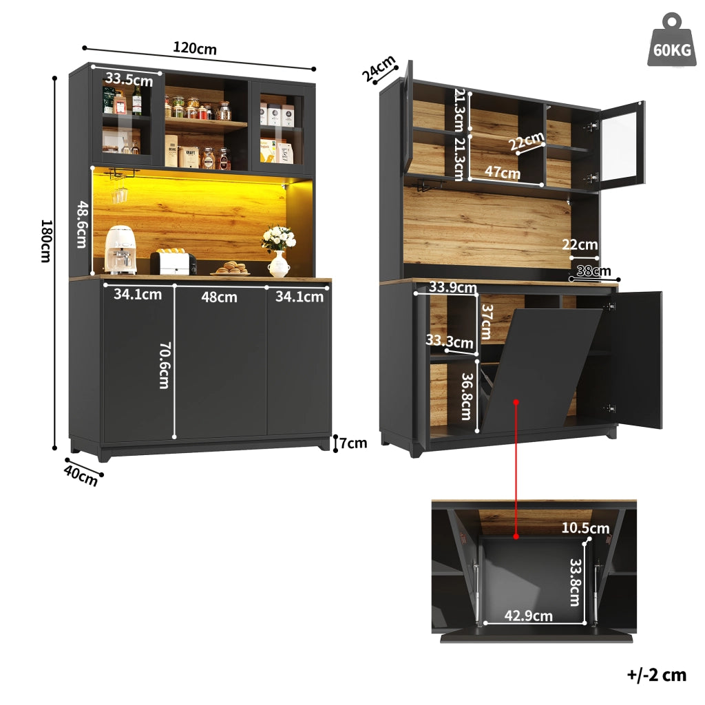 Credenza da Cucina Alta con Vani Aperti; Ante in Acrilico; LED e Vano Portarifiuti; Nero; 120 x 40 x 180 cm