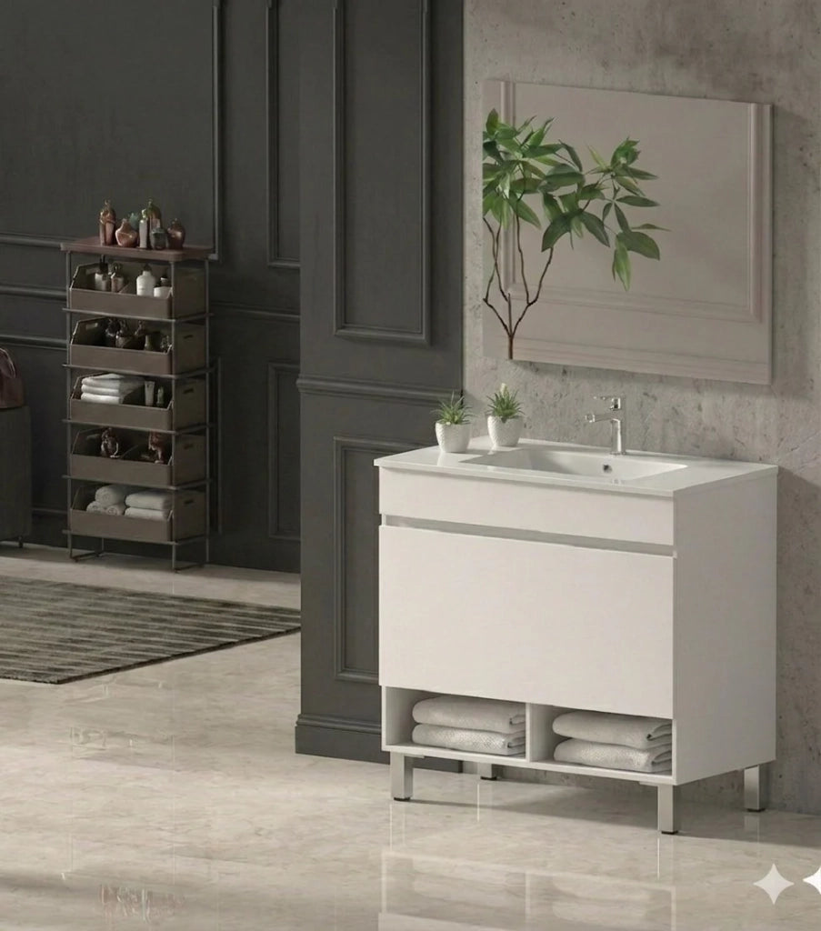 Mobile Bagno NEBARI com gambe Già Montato 1 cassetto, lavabo e specchio Bianco lucido 90x45 cm