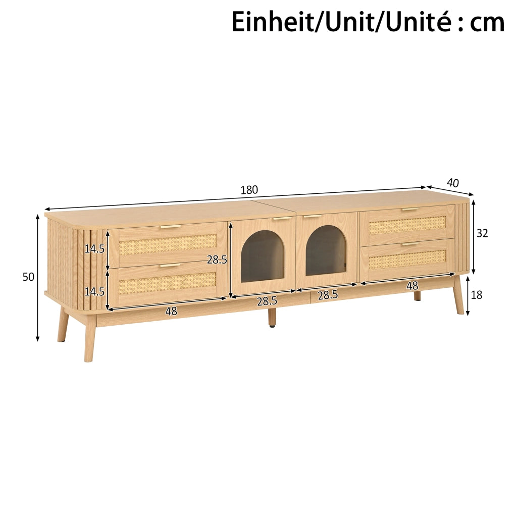 Mobile porta TV con 4 cassetti, 2 ante in vetro temperato, LED con app, in truciolare, naturale, 180 × 40 × 50 cm